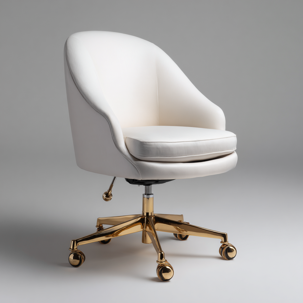 Chaise de bureau en tissu blanc 60x62x88 cm - avec accoudoirs et roulettes - base dorée design élégant-Warmthza