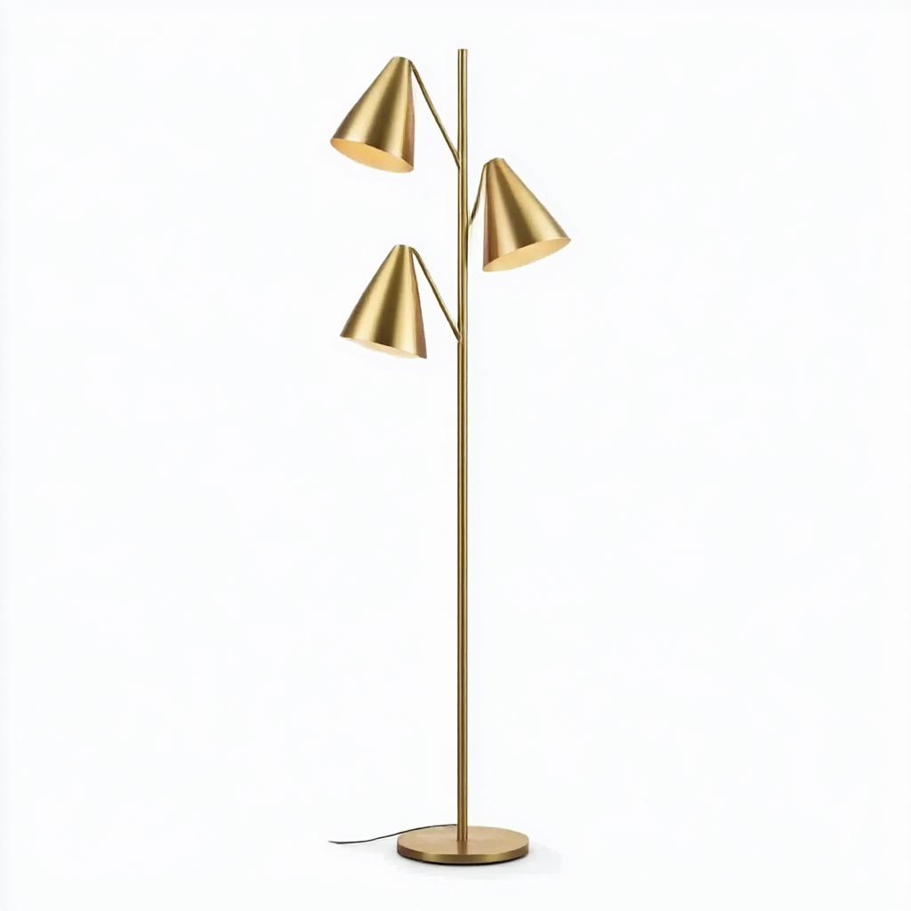 Lampadaire en métal doré avec trois abat-jour coniques - 165x40x40 cm - design moderne et raffiné-Warmthza