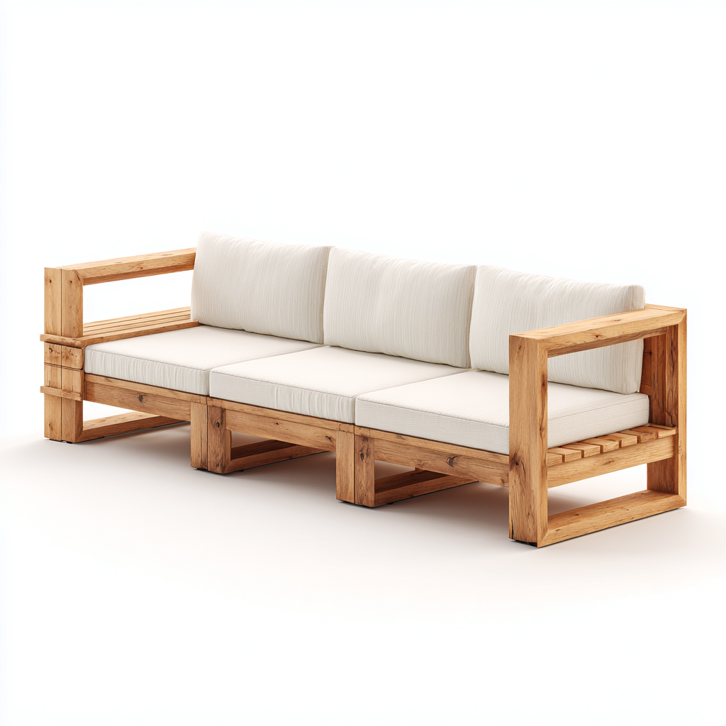 Canapé d'extérieur 3 places en bois massif avec coussins blancs - 210x80x85 cm - style moderne extérieur-Warmthza