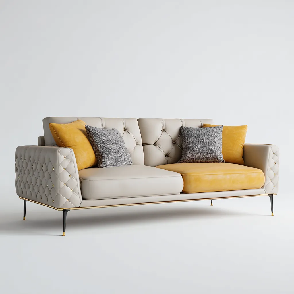 Canapé droit 3 places en cuir 190x85x85 cm - beige-jaune-gris - style moderne capitonné-Warmthza
