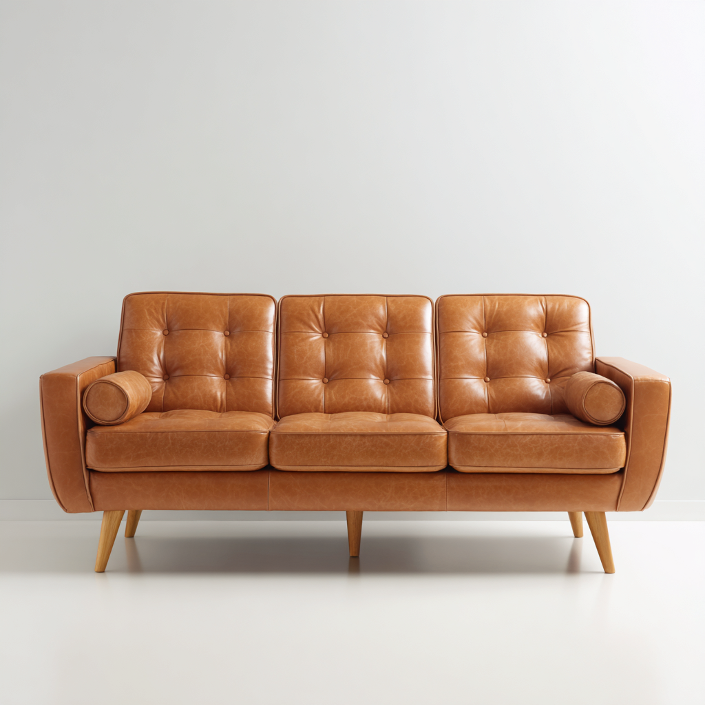 Canapé droit trois places cuir véritable 200x90x88 cm - marron clair - style vintage-Warmthza