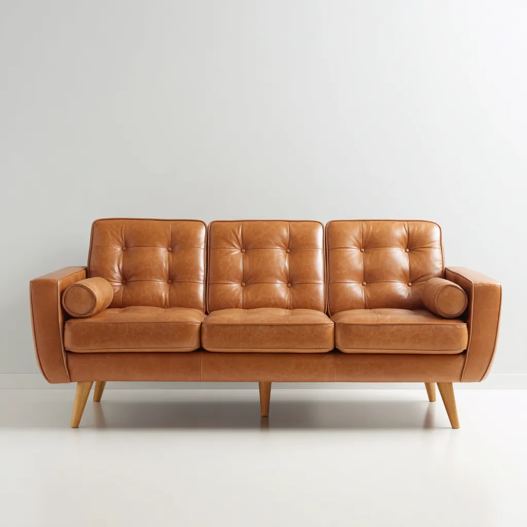 Canapé droit trois places cuir véritable 200x90x88 cm - marron clair - style vintage-Warmthza