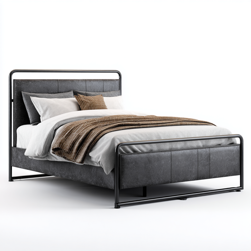 Lit double 160x200 cm - simili cuir gris foncé et structure métal noir - style moderne-Warmthza