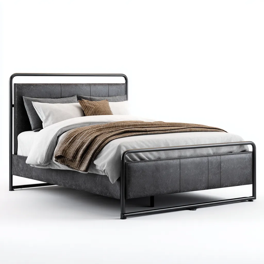 Lit double 160x200 cm - simili cuir gris foncé et structure métal noir - style moderne-Warmthza