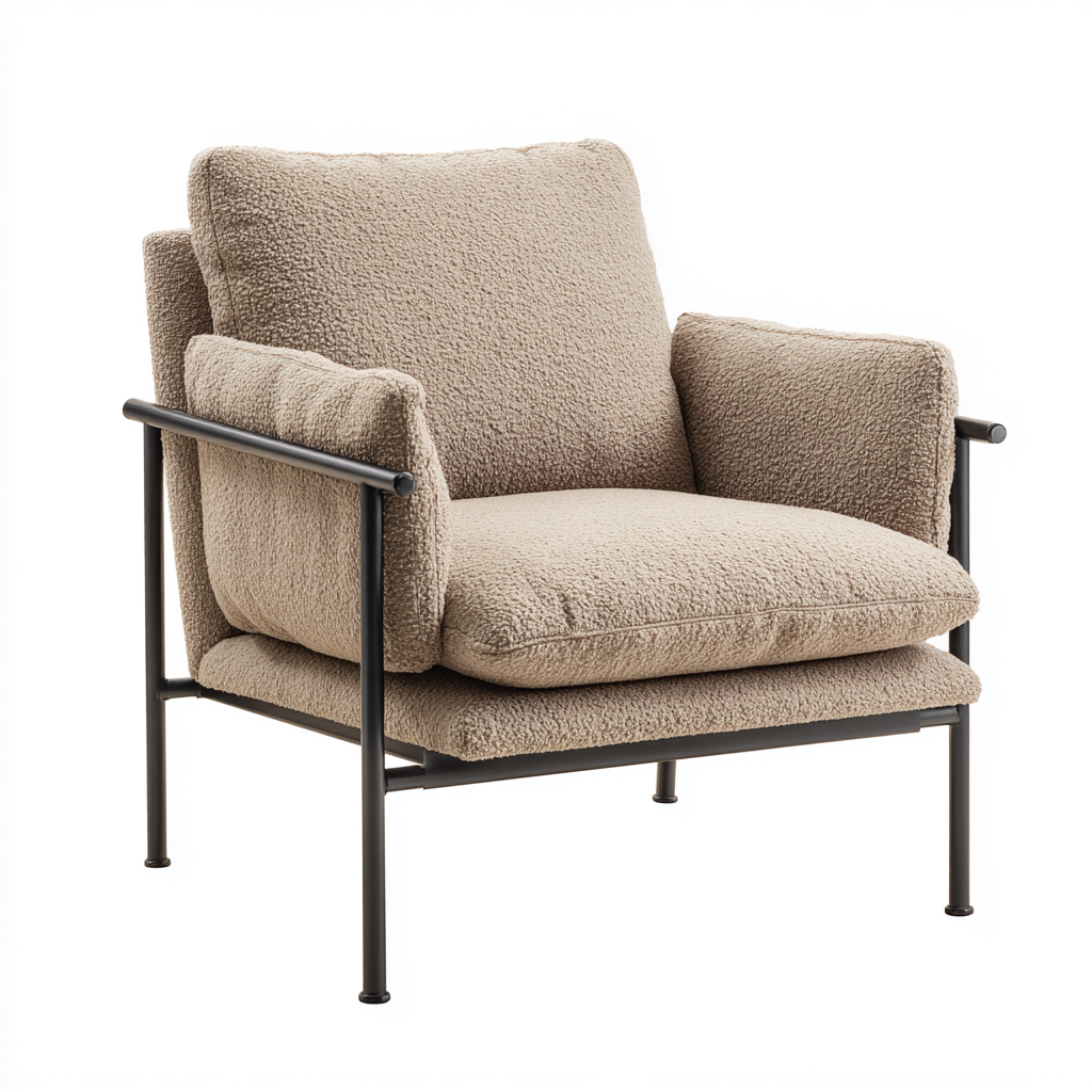 Fauteuil en tissu bouclette beige - 75x70x78 cm - structure métal noir moderne-Warmthza