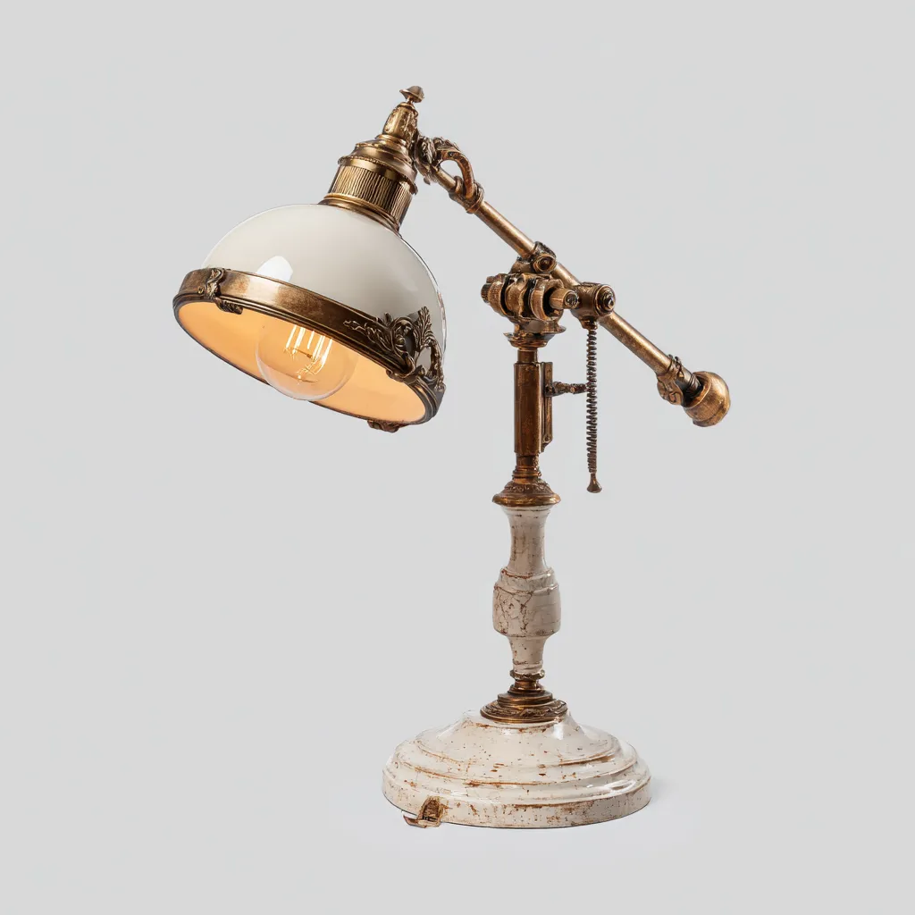 Lampe de bureau en laiton et céramique avec abat-jour en verre blanc 40x22 cm - style antique-Warmthza