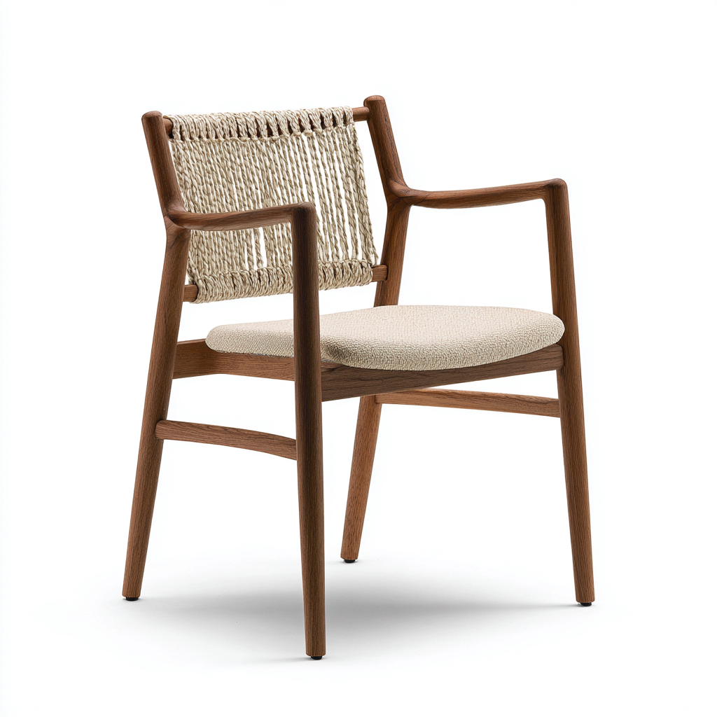 Chaise de salle à manger d'extérieur bois avec accoudoirs et dossier tressé 52x55x84 cm - bois naturel-beige - style scandinave-Warmthza