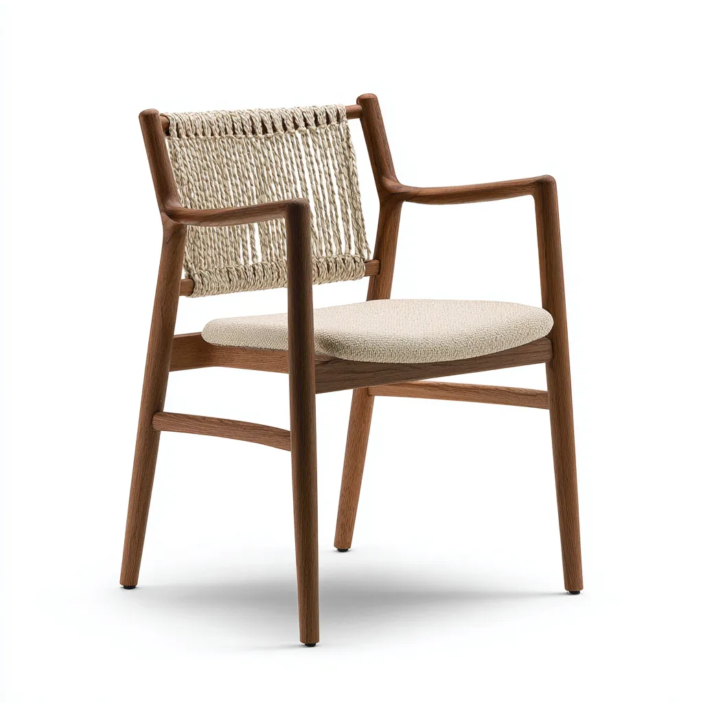 Chaise de salle à manger d'extérieur bois avec accoudoirs et dossier tressé 52x55x84 cm - bois naturel-beige - style scandinave-Warmthza