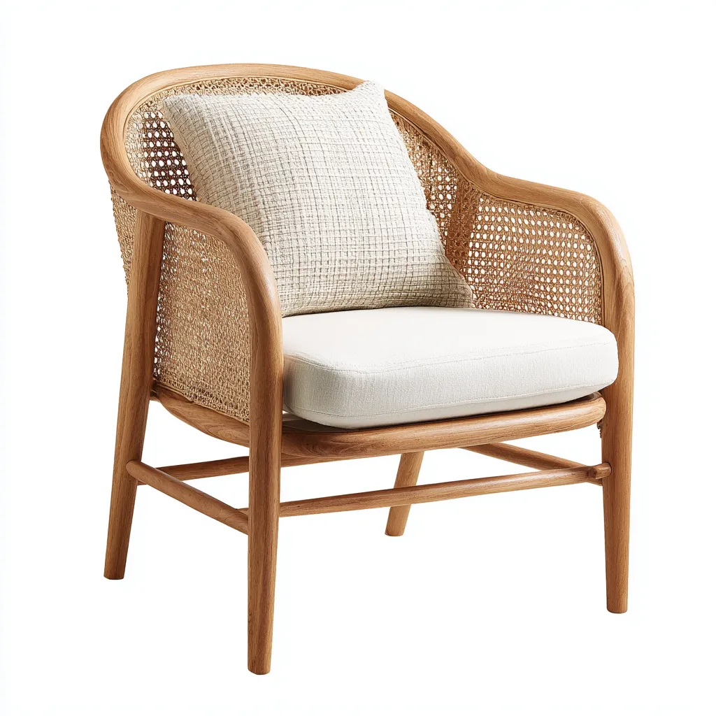 Fauteuil d'extérieur en rotin et bois avec coussins blancs - 70x74x82 cm - style moderne-Warmthza