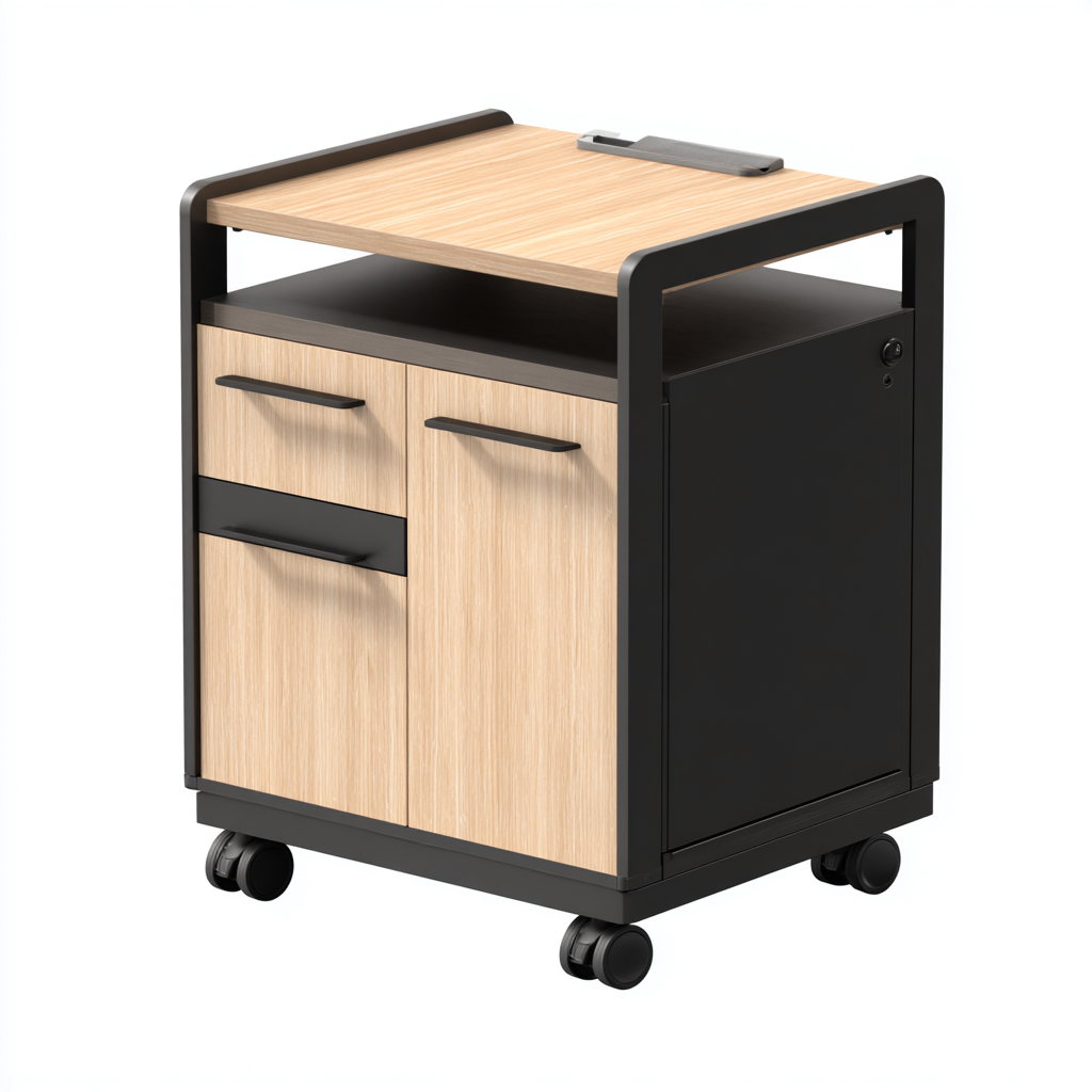 Caisson de bureau en bois clair et métal noir 70x45x40 cm - avec tiroirs et porte - à roulettes-Warmthza