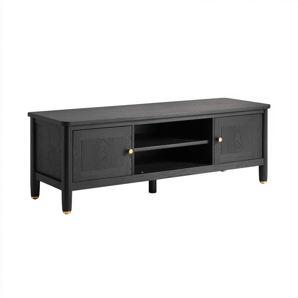 Meuble TV en bois noir 150x40x55 cm - style classique avec 2 portes et étagère centrale-Warmthza
