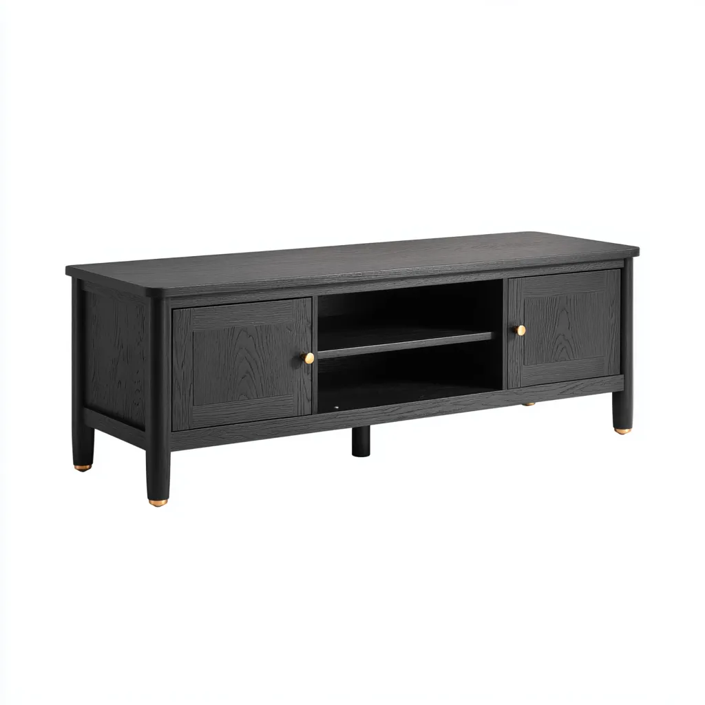 Meuble TV en bois noir 150x40x55 cm - style classique avec 2 portes et étagère centrale-Warmthza