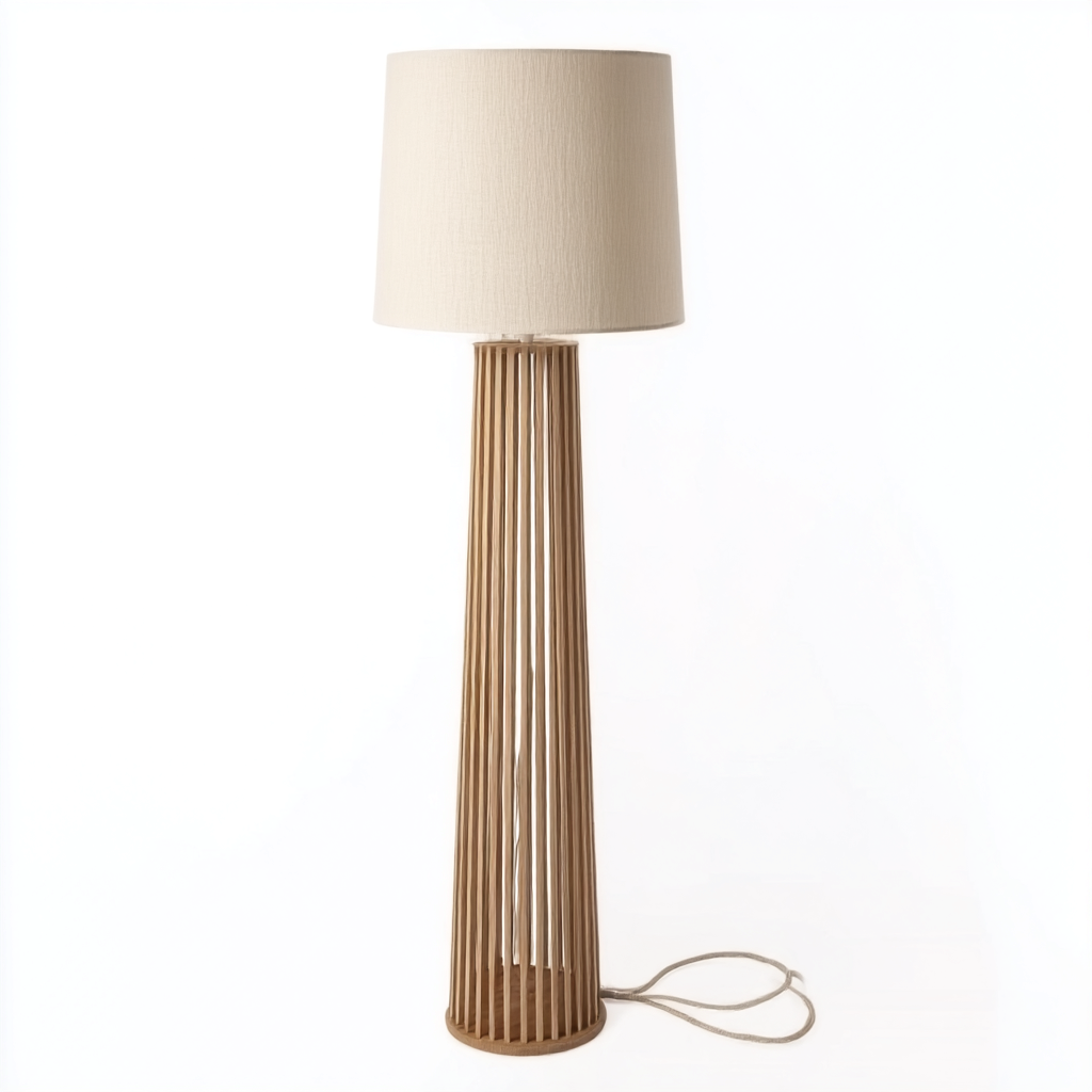 Lampadaire en bois naturel 160x32 cm - abat-jour cylindrique en tissu beige - style scandinave-Warmthza