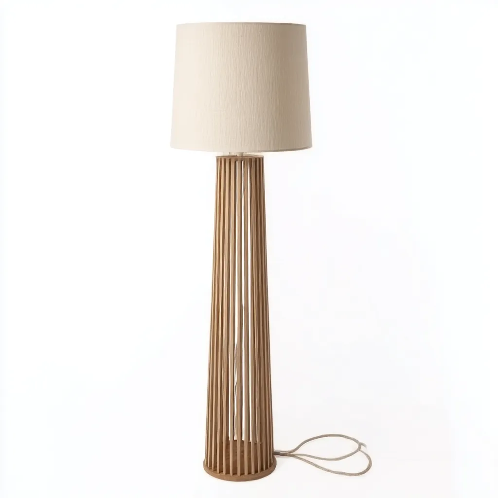 Lampadaire en bois naturel 160x32 cm - abat-jour cylindrique en tissu beige - style scandinave-Warmthza