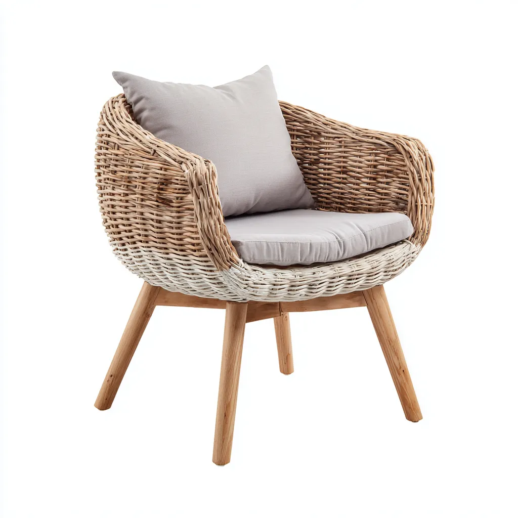 Fauteuil en rotin tressé avec coussin 68x72x80 cm - naturel-gris - style scandinave-Warmthza