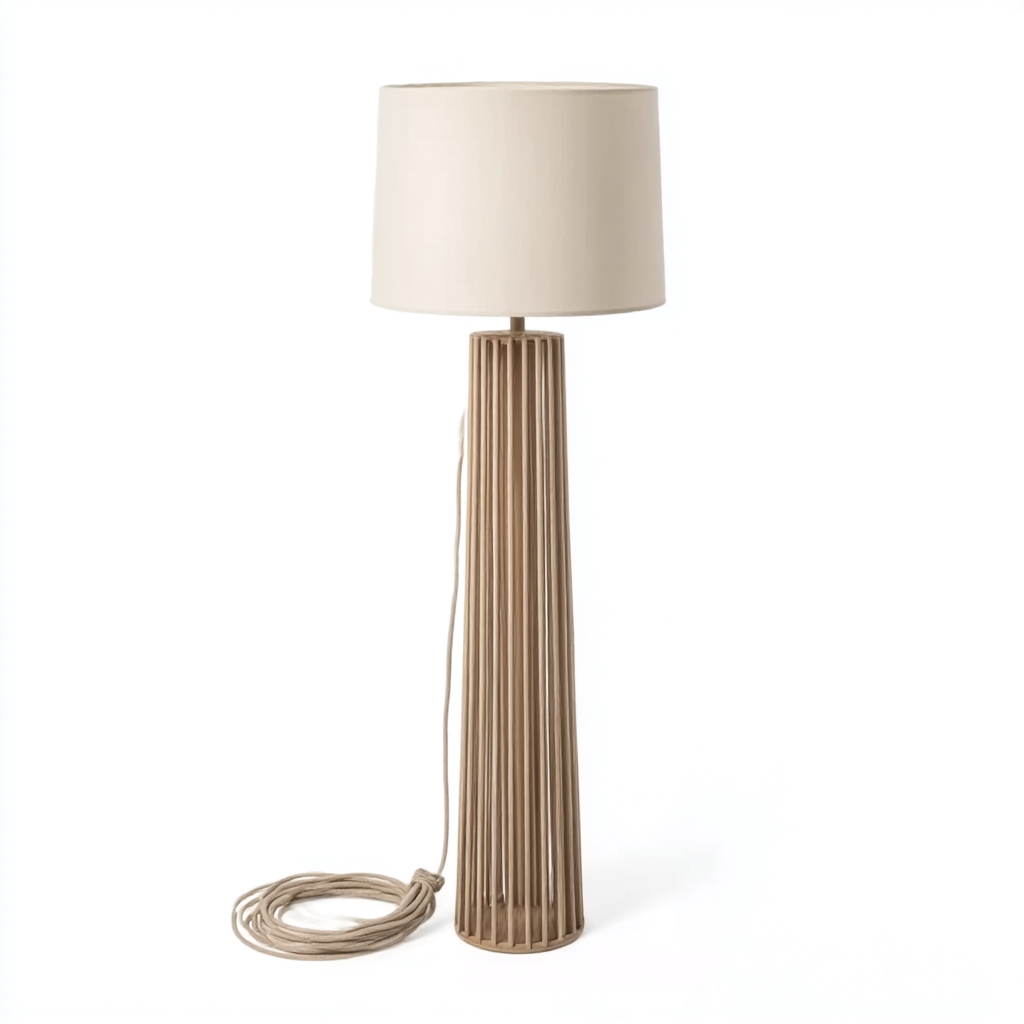Lampadaire en bois naturel avec abat-jour en tissu beige 152x36 cm - style scandinave-Warmthza