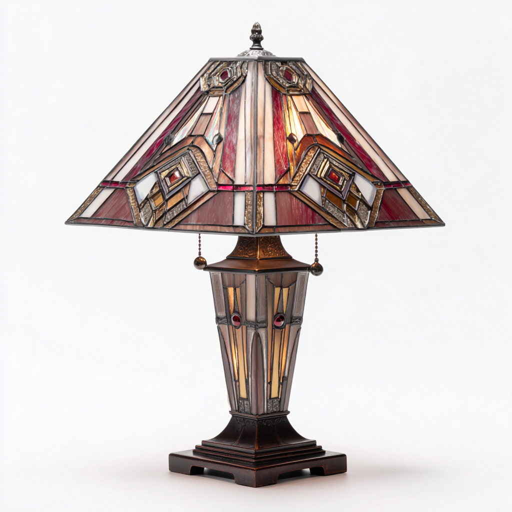 Lampe de table vitrail style Art déco - 55x40x40 cm - abat-jour en verre coloré et base en bronze-Warmthza