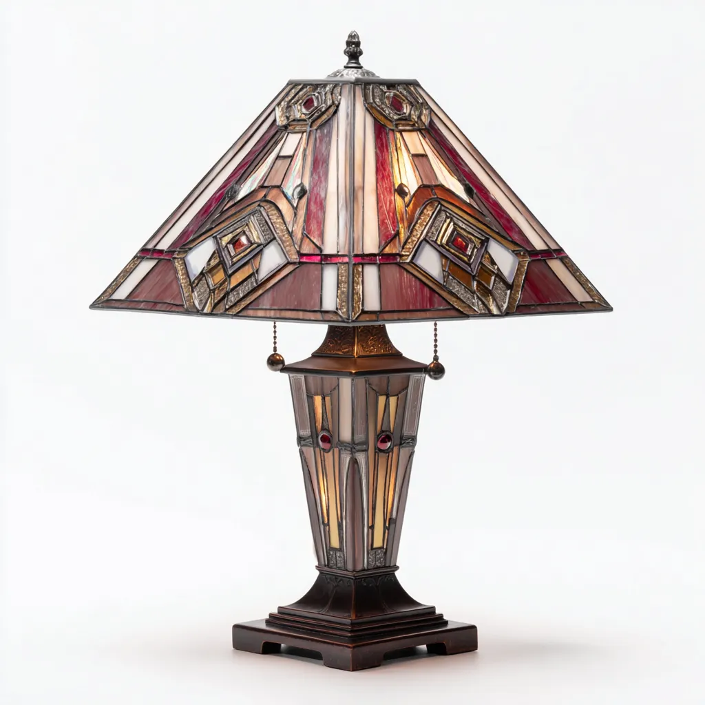 Lampe de table vitrail style Art déco - 55x40x40 cm - abat-jour en verre coloré et base en bronze-Warmthza