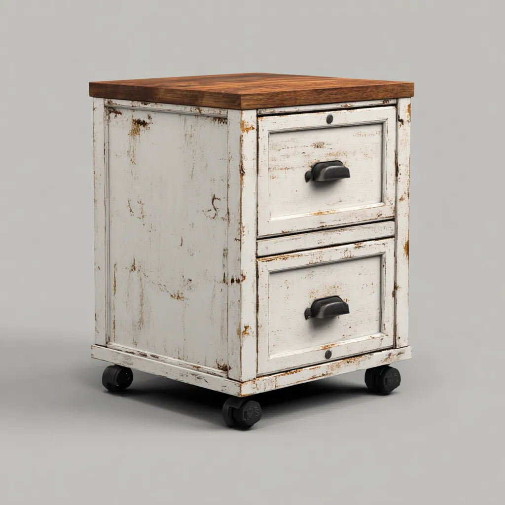 Caisson de bureau en bois vieilli 55x40x40 cm - style vintage - 2 tiroirs de rangement à roulettes-Warmthza