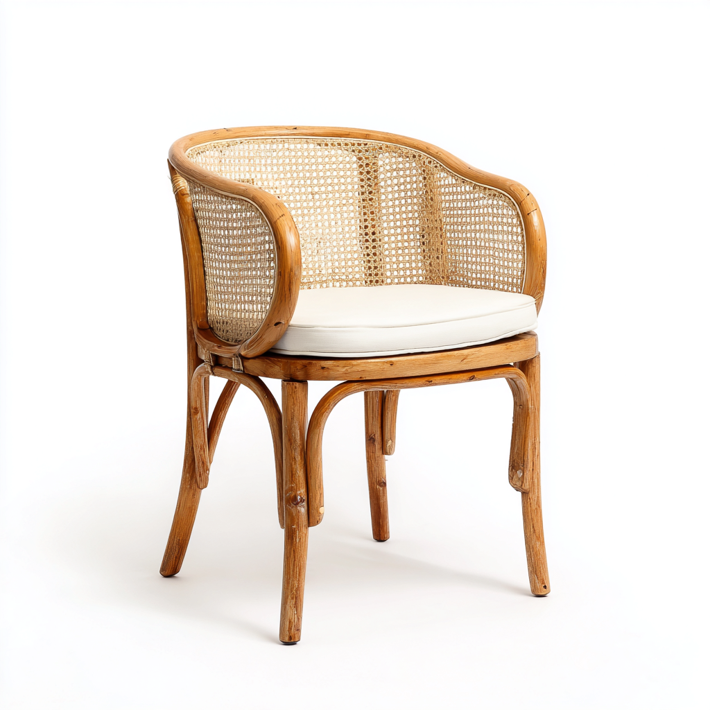 Fauteuil d'extérieur en rotin naturel avec assise coussin blanc - 58x60x78 cm - style classique rétro-Warmthza