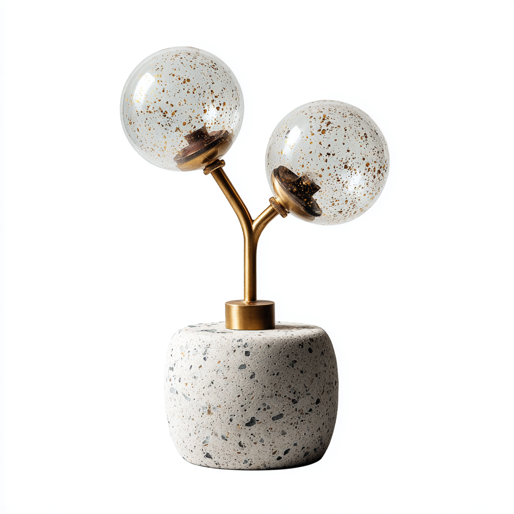 Lampe de table en terrazzo blanc et laiton avec deux globes en verre - 35x18x12 cm - design moderne-Warmthza