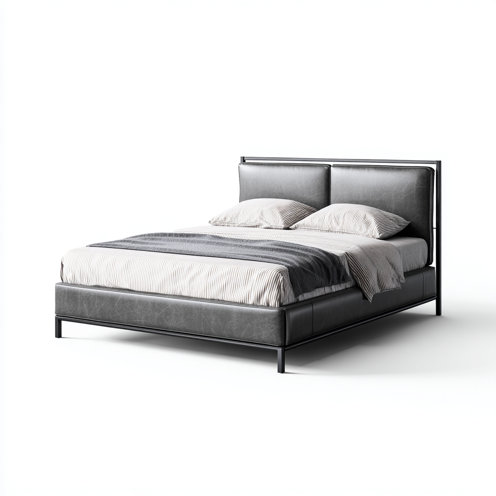 Lit double en cuir gris foncé avec cadre en métal noir 160x200 cm - style moderne industriel-Warmthza