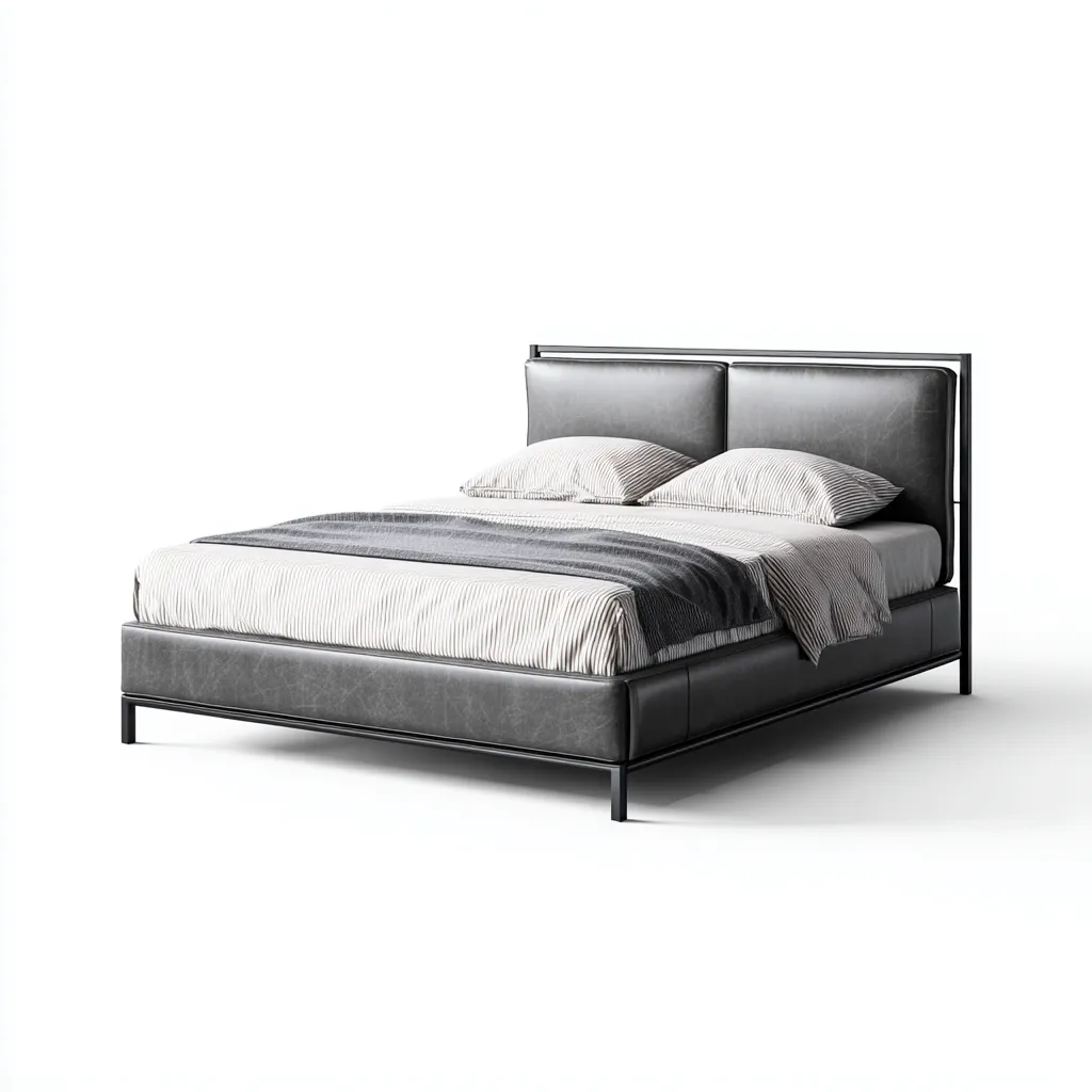 Lit double en cuir gris foncé avec cadre en métal noir 160x200 cm - style moderne industriel-Warmthza
