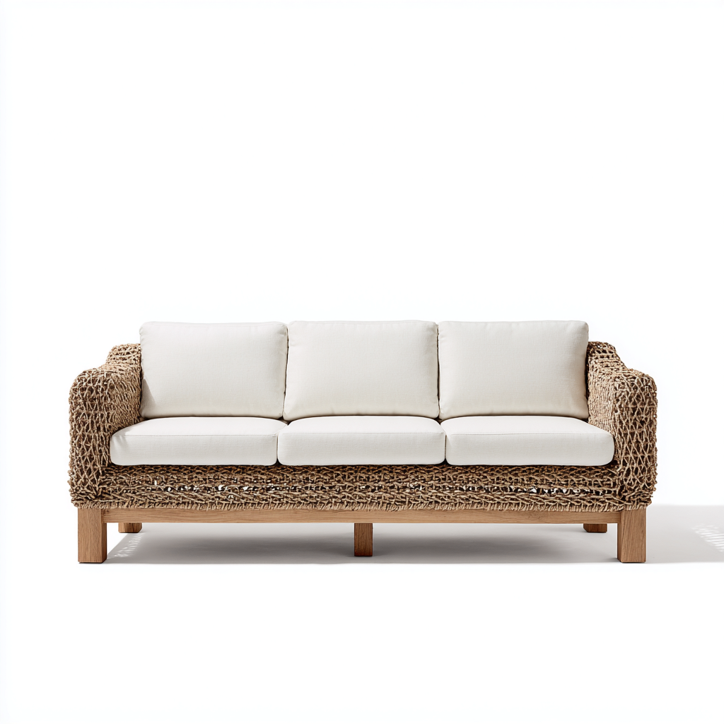 Canapé d'extérieur 3 places en corde tressée et bois 200x85x75 cm - naturel - design moderne-Warmthza