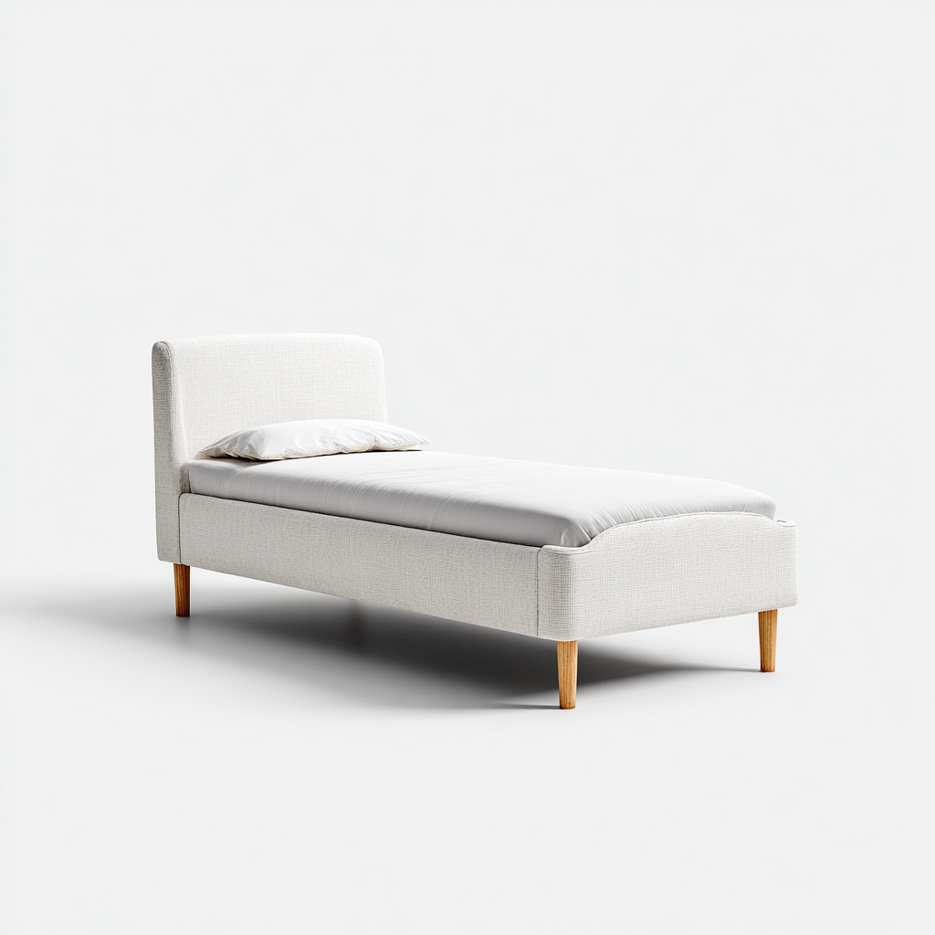 Lit simple en tissu blanc 200x100 cm - tête de lit rembourrée - pieds en bois naturel-Warmthza