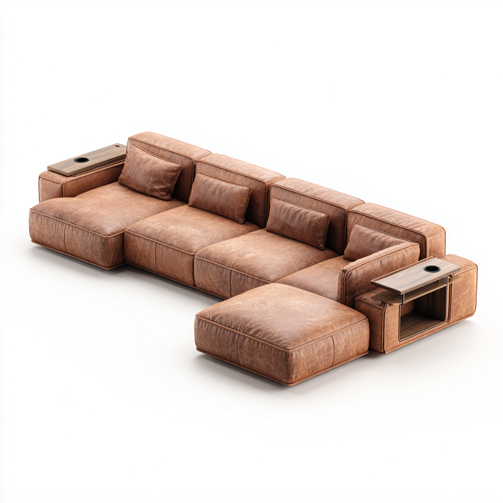Canapé d'angle cuir 300 cm - marron clair - avec tablettes intégrées-Warmthza