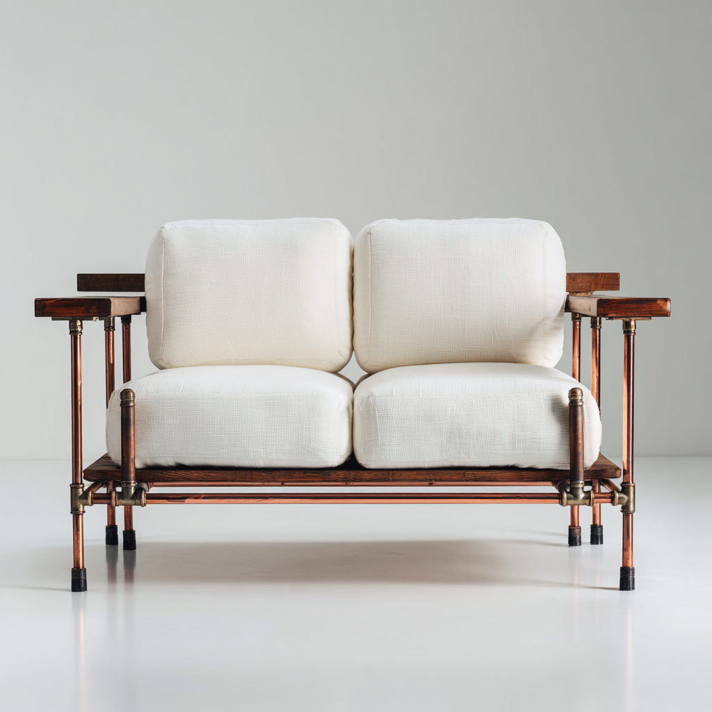 Canapé d'extérieur 2 places en métal et bois 140x80x85 cm - marron-blanc - style industriel-Warmthza