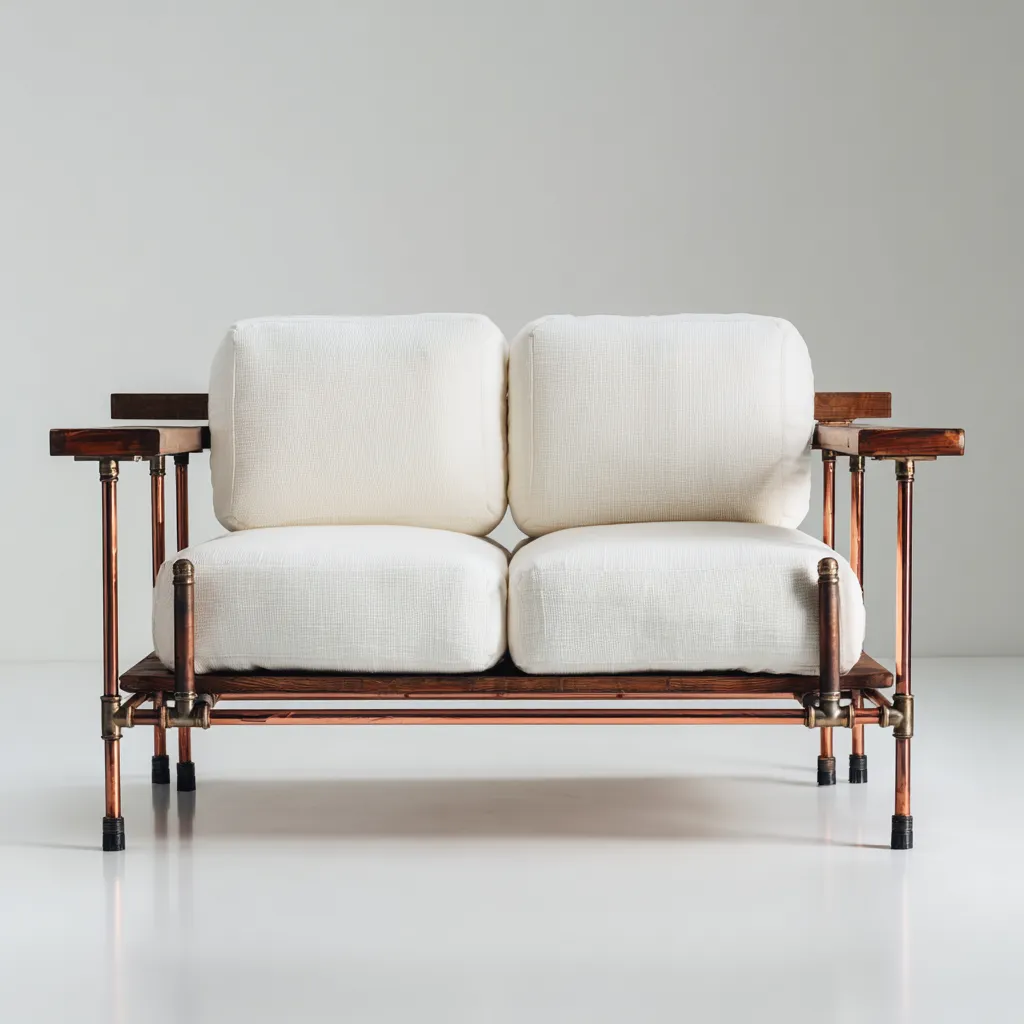 Canapé d'extérieur 2 places en métal et bois 140x80x85 cm - marron-blanc - style industriel-Warmthza