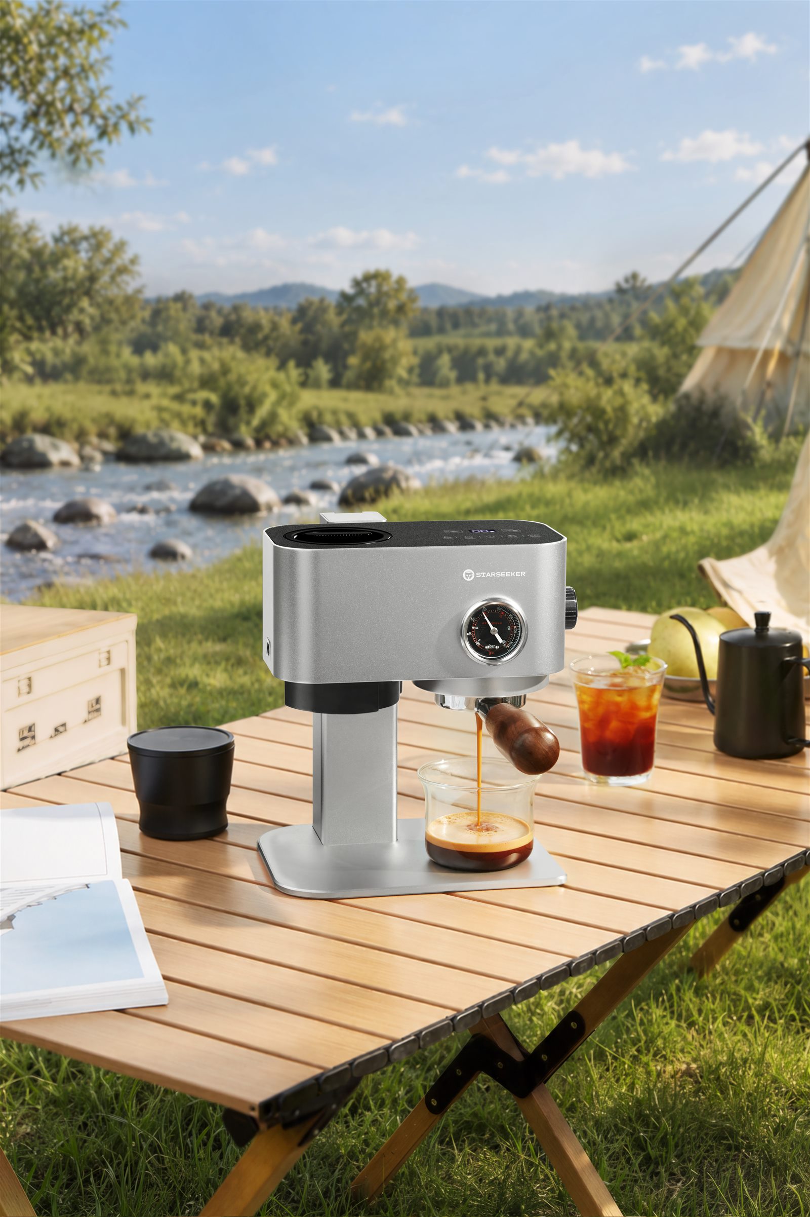 Silver Omni58X portable espresso machine brewing at an outdoor table