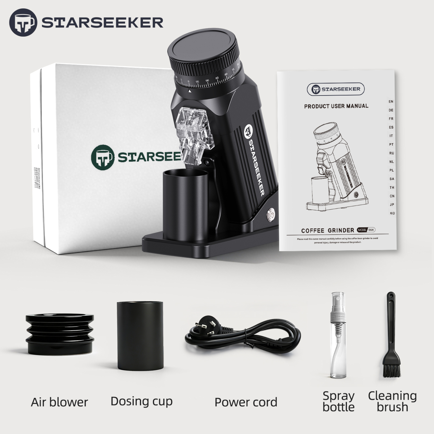 STARSEEKER E64 Electric Coffee Grinder 64MM Espresso Titanium Flat burr Stepless Fineness Adjustment Home Bean Grinder Black