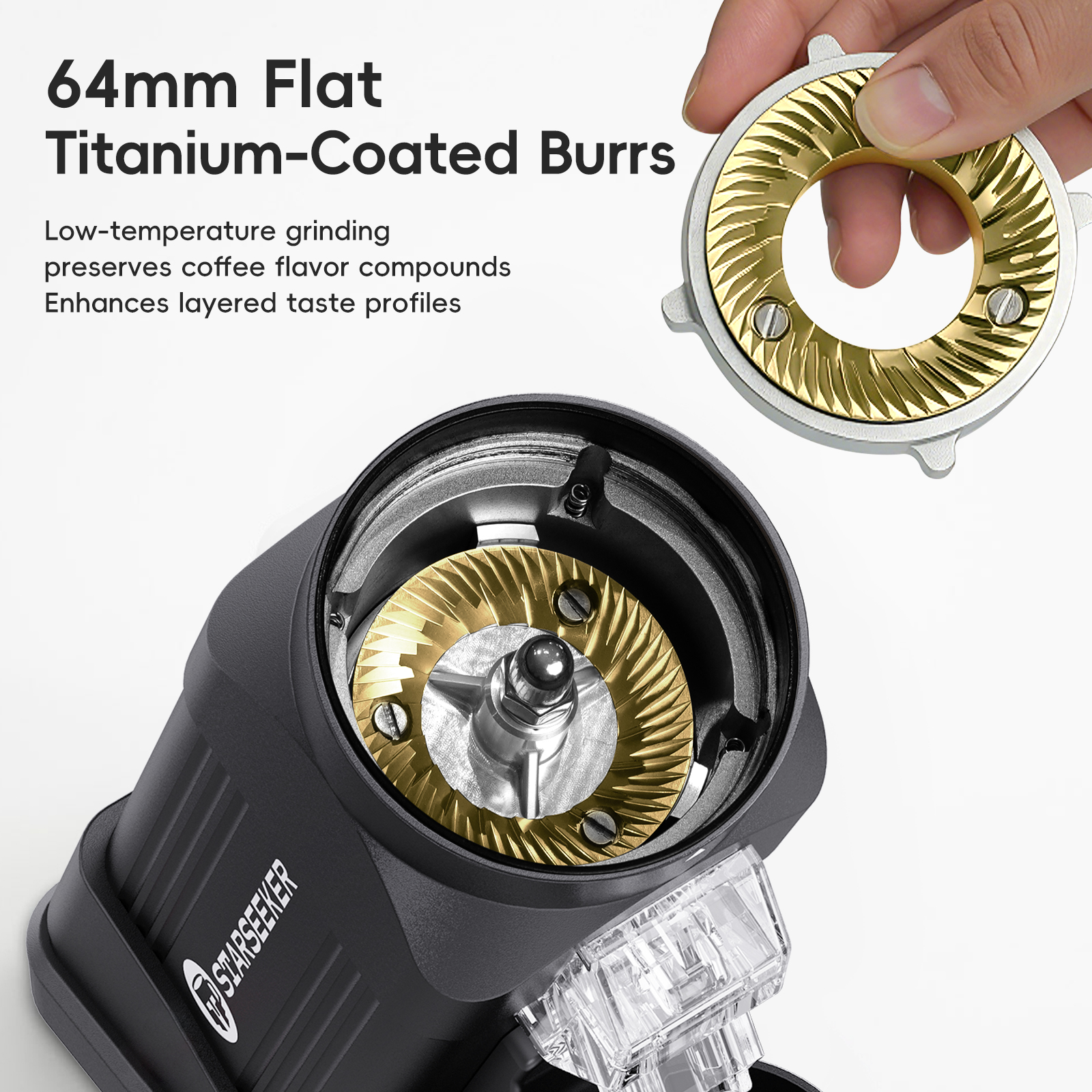 STARSEEKER E64 Electric Coffee Grinder 64MM Espresso Titanium Flat burr Stepless Fineness Adjustment Home Bean Grinder Black