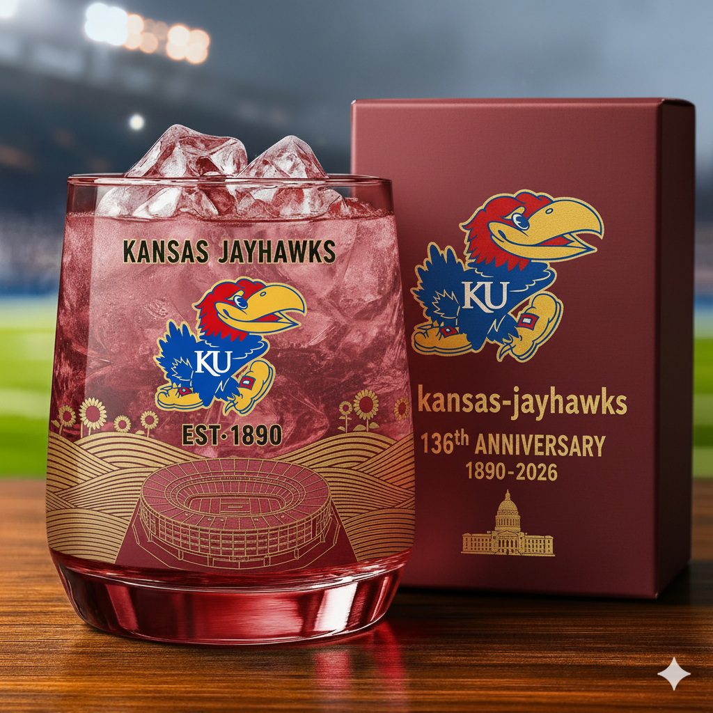 Kansas Jayhawks 136th Anniversary Whiskey Glass