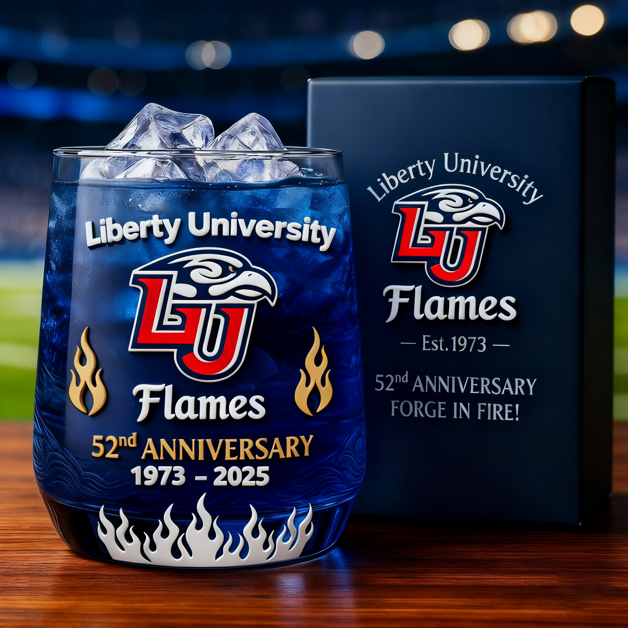 Liberty University Flames 52nd Anniversary Whiskey Glass