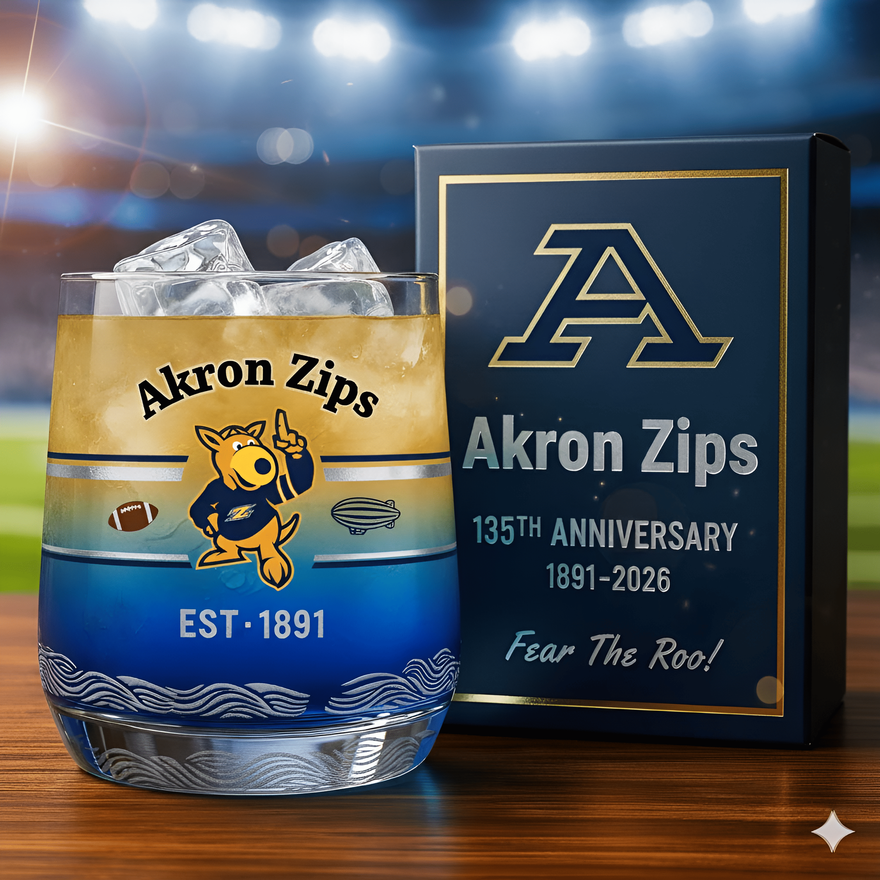 Akron Zips football 135th Anniversary Whiskey Glass