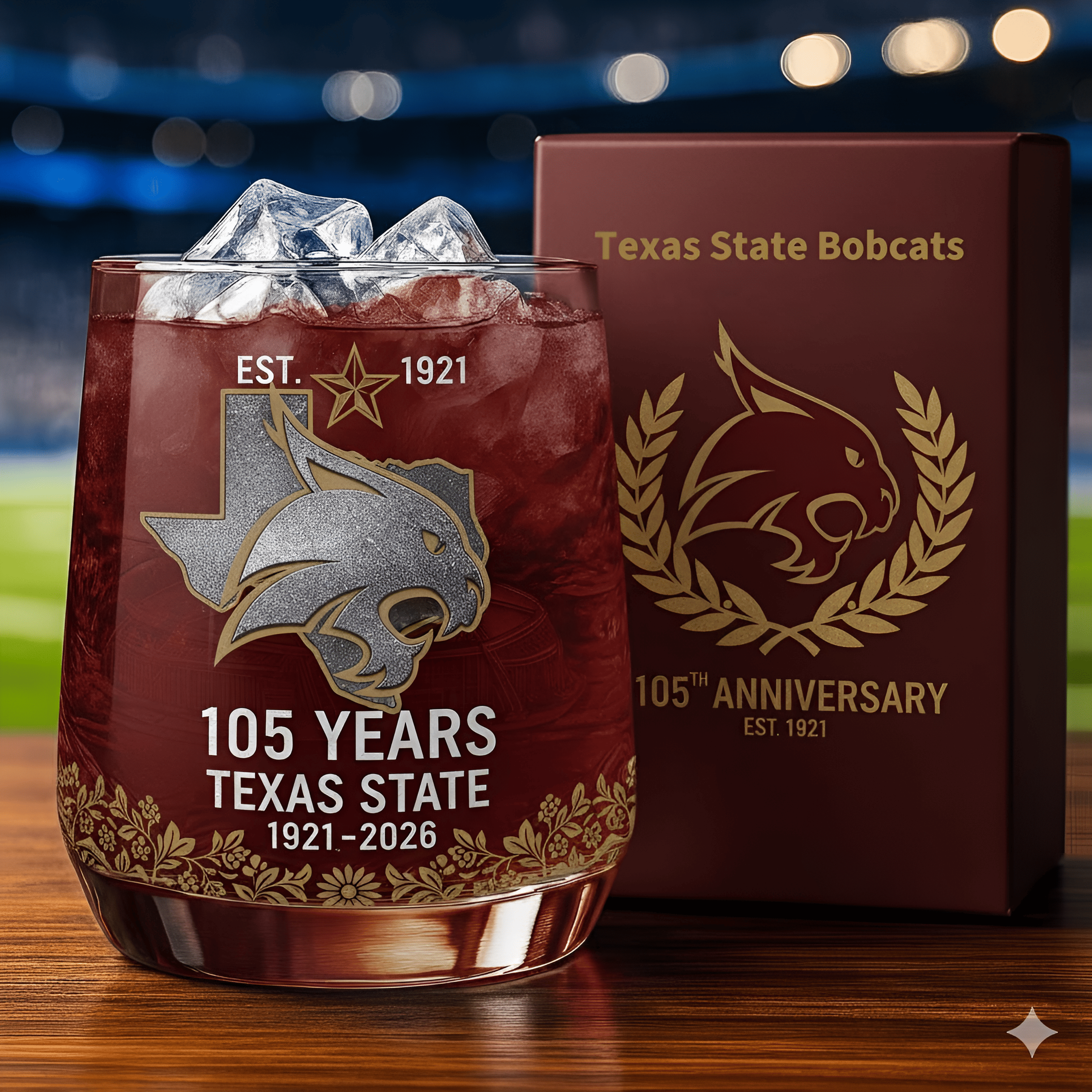 Texas State Bobcats 105th Anniversary Whiskey Glass