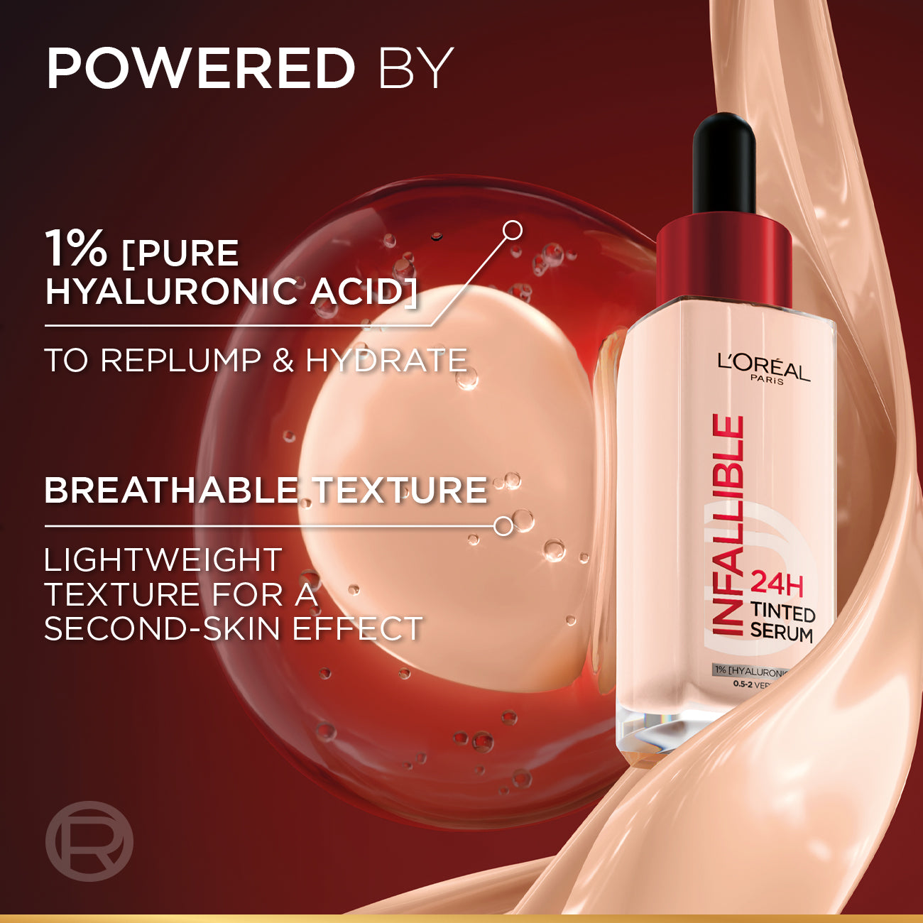 L'Orthtéal Paris Infallible 24H Tinted Serum with 1% Hyaluronic Acid for Radiant Hydrated Skin, Light to Medium Coverage