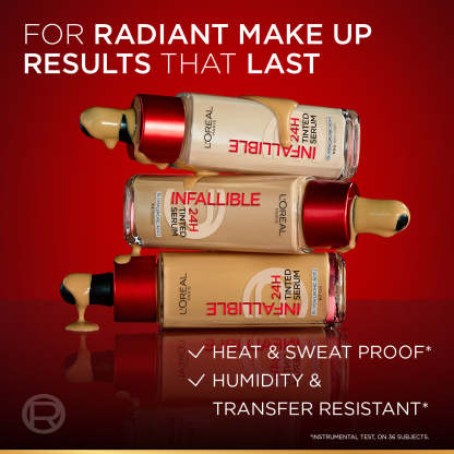 L'Orthtéal Paris Infallible 24H Tinted Serum with 1% Hyaluronic Acid for Radiant Hydrated Skin, Light to Medium Coverage