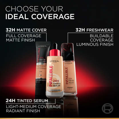 L'Orthtéal Paris Infallible 24H Tinted Serum with 1% Hyaluronic Acid for Radiant Hydrated Skin, Light to Medium Coverage