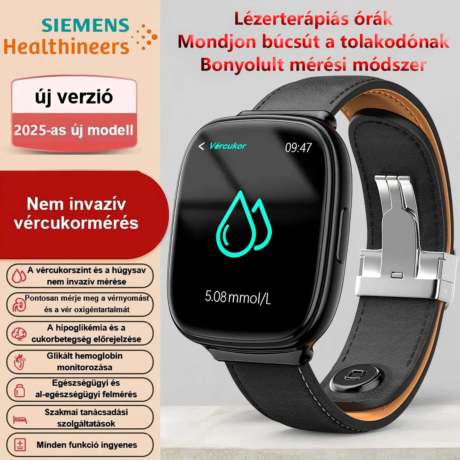 Siemens nagy pontosságú, nem invazív vércukormérő lézerterápiás óra