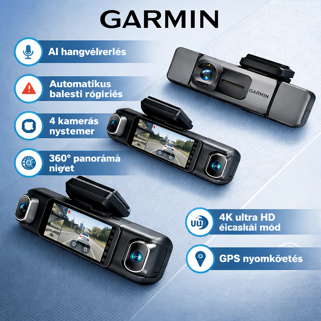 Garmin G980 mesterséges intelligenciával és hangvezérelt autós kamera négy kamerával, 360°-os panorámaképernyővel, 4K Ultra HD éjjellátóval és GPS-követéssel
