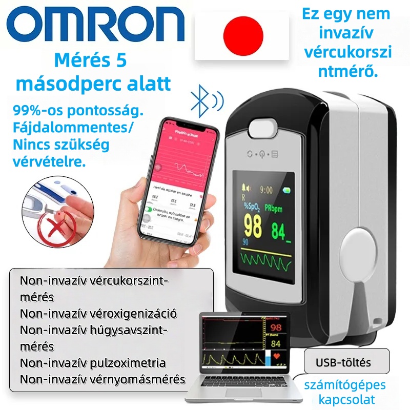 💖OMRON fájdalommentes vércukormérő, fájdalommentes és nem invazív, nem igényel vérvételt, egyszerű teszteredmények pontosak