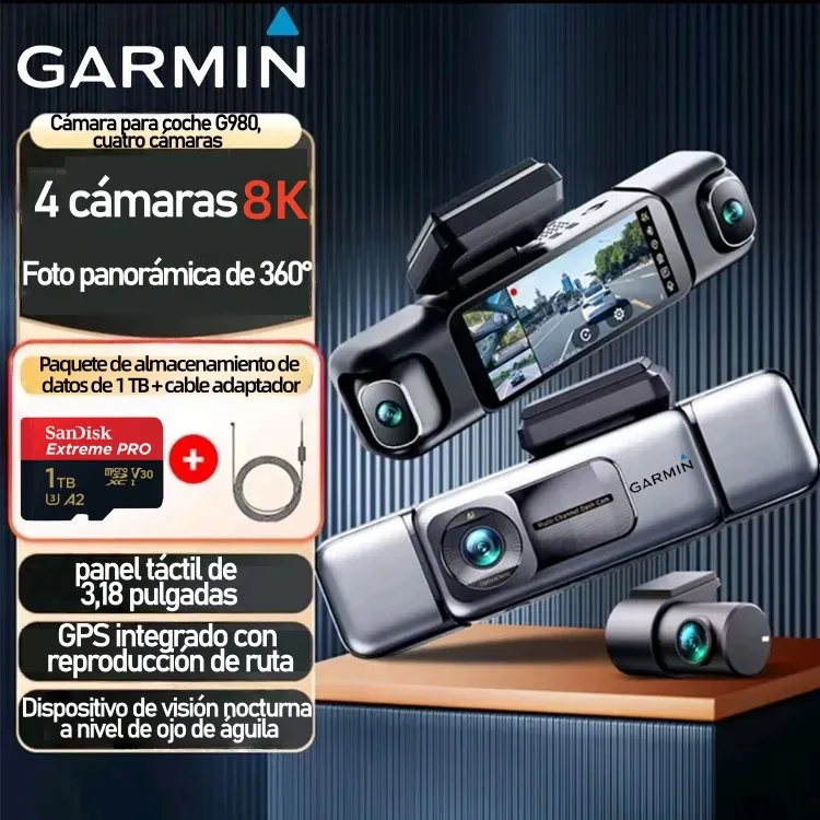 Garmin G980 mesterséges intelligenciával és hangvezérelt autós kamera négy kamerával, 360°-os panorámaképernyővel, 4K Ultra HD éjjellátóval és GPS-követéssel