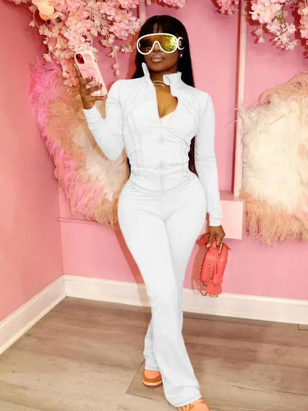 Women's Casual Sporty Two-Piece Set, Long Sleeve Zipper Design, Regular Fit, Fall & Winter, Fashionable Women's Clothing