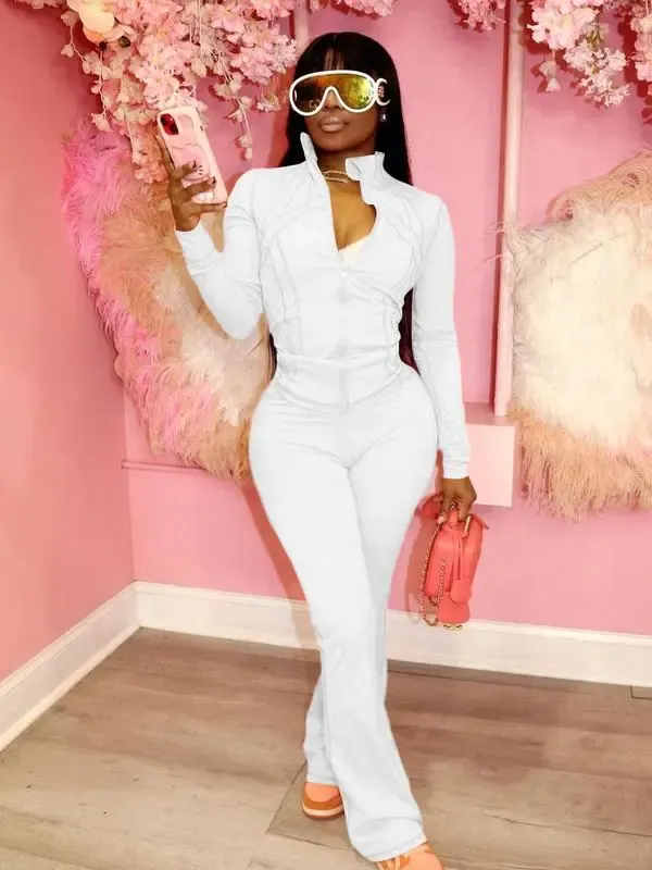 Women's Casual Sporty Two-Piece Set, Long Sleeve Zipper Design, Regular Fit, Fall & Winter, Fashionable Women's Clothing