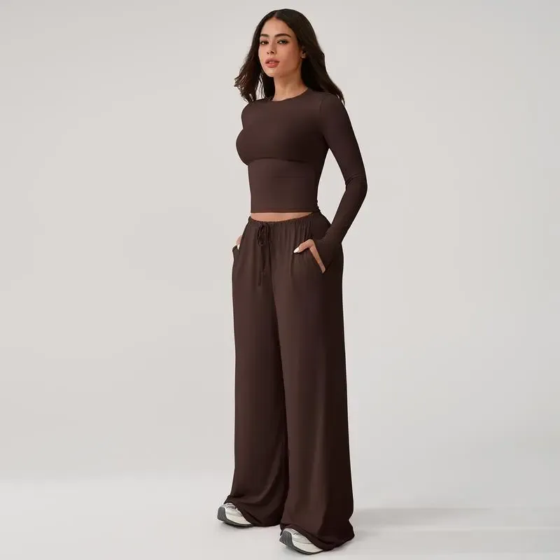 Women'S Long-Sleeved Top And Wide-Leg Pants Suit