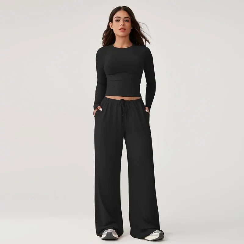 Women'S Long-Sleeved Top And Wide-Leg Pants Suit